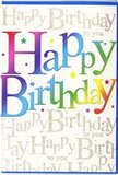 This vividly designed birthday card captures the mood of a cheerful celebration, like the buzz of friends gathering in a Rush Green living room before the cake arrives. The central focus is the phrase "Happy Birthday," written in bold, rounded letters that sweep across the card with gentle confidence. Each letter holds a smooth gradient of colour, shifting from dark, juicy reds into warm pinks, then flowing into cool blues and greens before ending in sunny yellows. The hues recall a cluster of brightly coloured balloons or a mixed bouquet arranged with an eye for joyful contrast. Set behind this striking text is a softly shimmering field of gold script that repeats the words "Happy Birthday to you" in delicate, looping handwriting. The lines weave across the background like a continuous golden ribbon, creating a sense of depth without overpowering the main message. Under the light, the metallic ink seems to glisten subtly, echoing the sparkle of birthday candles just before they're blown out. Scattered specks and tiny star-like accents in various colours provide a final festive touch, evoking the look of confetti settling gently after a celebratory toss. The overall effect is one of polished exuberance: colourful and fun, yet thoughtfully composed. It's easy to imagine this card being tucked into a bouquet and sent with same-day delivery around Rush Green, a bright, tactile promise that the person opening it is not only having a birthday, but is at the centre of a carefully crafted, visually joyful moment.