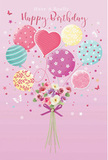 This birthday-themed image presents a dreamy composition of balloons and flowers that feels like a little celebration floating above Rush Green. The backdrop is a smooth, soft pink that sets a tender tone, similar to the glow of late afternoon light falling across local gardens. Rising from the base, a cluster of pastel balloons drifts upward, each one with its own charm: some display candy-coloured stripes curling playfully around their round shapes, others are sprinkled with polka dots that seem to dance, while a central heart-shaped balloon radiates warmth and affection. The colour palette-gentle pinks, minty greens, butter yellows, and lavender purples-blends harmoniously, creating the impression of a sky filled with sweet, buoyant wishes.
At the base of the image, a compact, hand-tied bouquet feels freshly arranged, as if it could be delivered for a same-day birthday surprise anywhere across Rush Green. Creamy ivory roses, blush-toned blossoms, and anemone-like flowers in soft mauve gather together, their petals layered and feathery, suggesting both fullness and lightness. A violet satin bow cinches the stems into a tidy bundle, its silky surface catching the imaginary highlights much like a wrapped present waiting to be opened. Nearby, tiny stars and delicate butterflies scatter through the scene, adding a gentle fairy-tale shimmer, reminiscent of watching petals swirl in the breeze at Eastbrookend Country Park.
The overall mood is airy, sweet, and quietly joyful, the kind of arrangement that makes a birthday feel a little more magical. The balloons appear to pull the bouquet upward, as though lifting a simple greeting into something unforgettable-an image that carries the scent of fresh blooms and the soft echo of laughter shared with family and friends close to home in Rush Green.